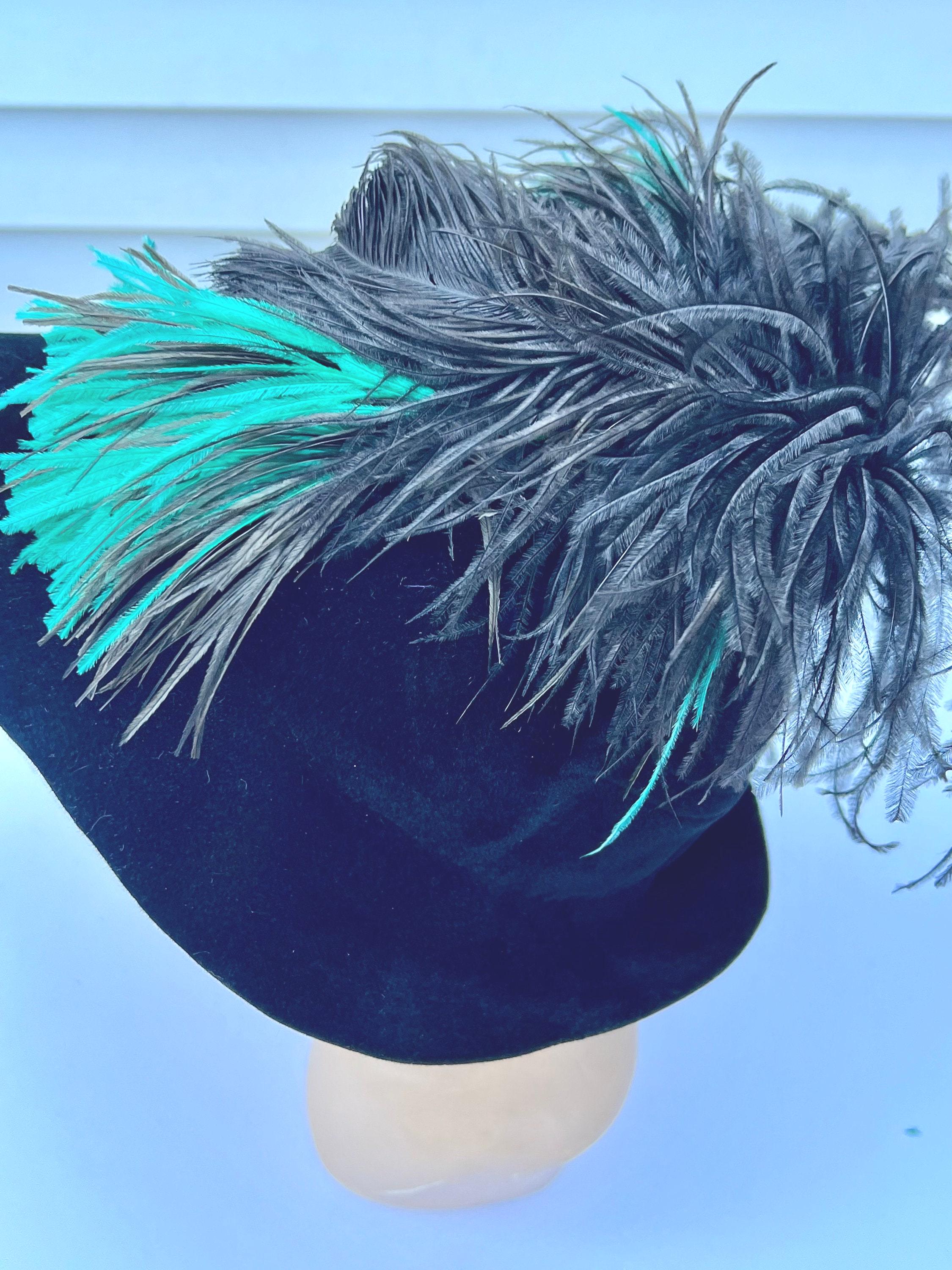 CHIC 1940s GREEN FELT TILT HAT WITH BLACK AND YELLOW OSTRICH FEATHERS Vintage Victorian Green Straw Tilt Hat with Silk & Feathers  main image 4