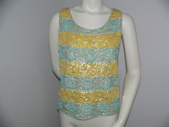 1950's Sequin and Beaded Shell ,Aqua and Yellow S… - image 1