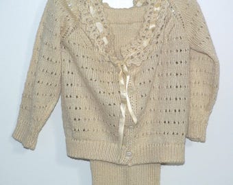 Ensemble vintage des années 50 pour bébés filles en tricot beige, taille 12 mois