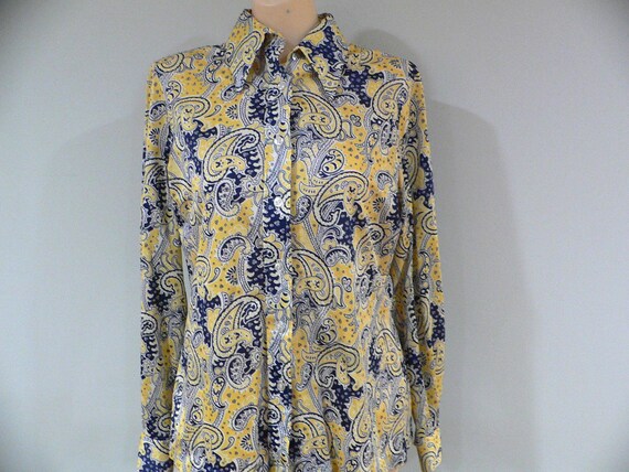 1970's Ecco Bay Polyester Mod Blouse, Yellow, Nav… - image 2