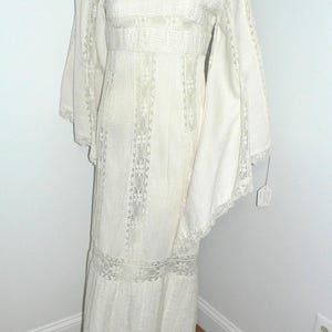 1960&#39;s White Maxi Dress with Pintuck and Smocking with Lace Inserts. Huge Butterfly Sleeves