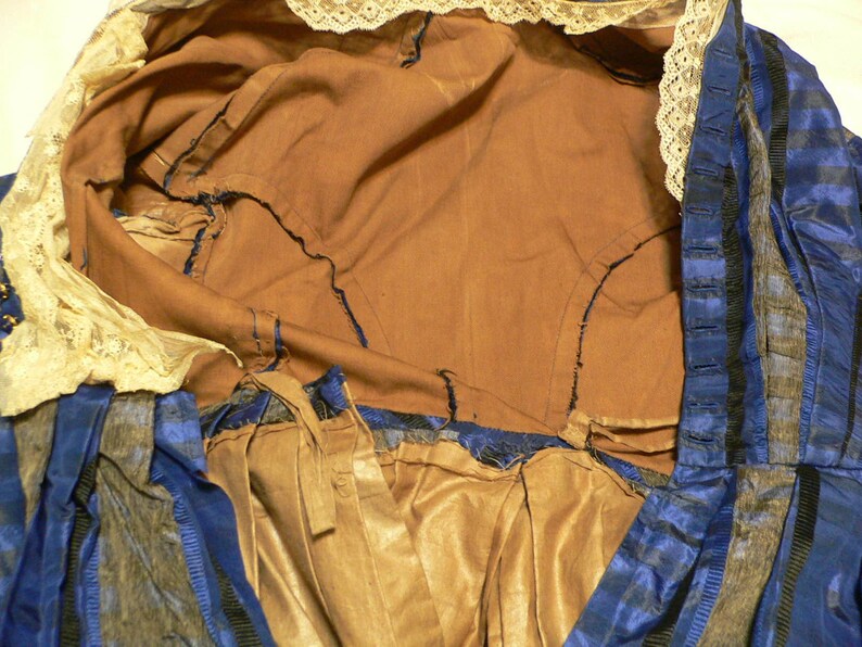 Antique Civil War 1860's Blue Silk Plaid Gown with Pagoda image 9