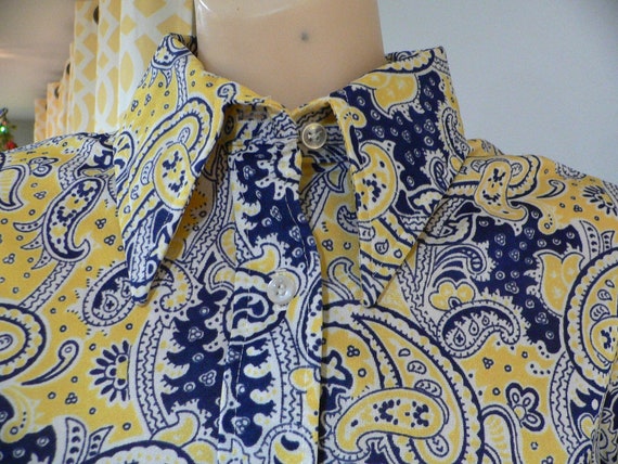 1970's Ecco Bay Polyester Mod Blouse, Yellow, Nav… - image 3