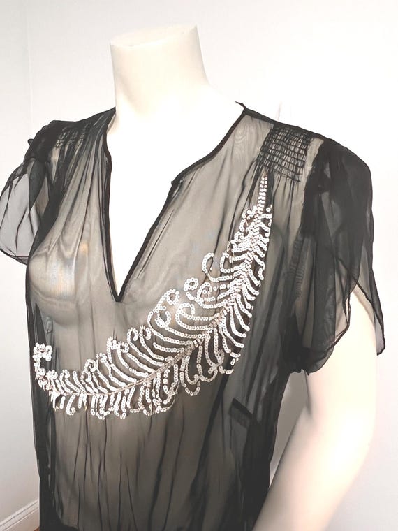Larger Size,1930's Black Net Gown with White Sequ… - image 5