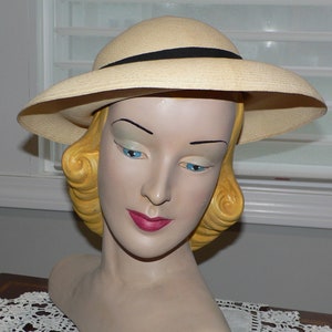 1940&#39;s Ladies Panama Hat with Black Grosgrain Band and Back Bow