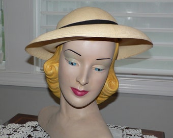 1940's Ladies Panama Hat with Black Grosgrain Band and Back Bow