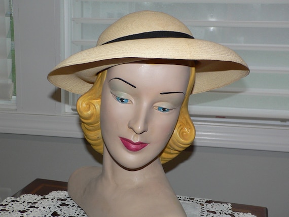 1940's Ladies Panama Hat with Black Grosgrain Ban… - image 1