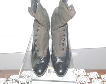 Antique Victorian Edwardian Side Button Leather and Fabric Boots