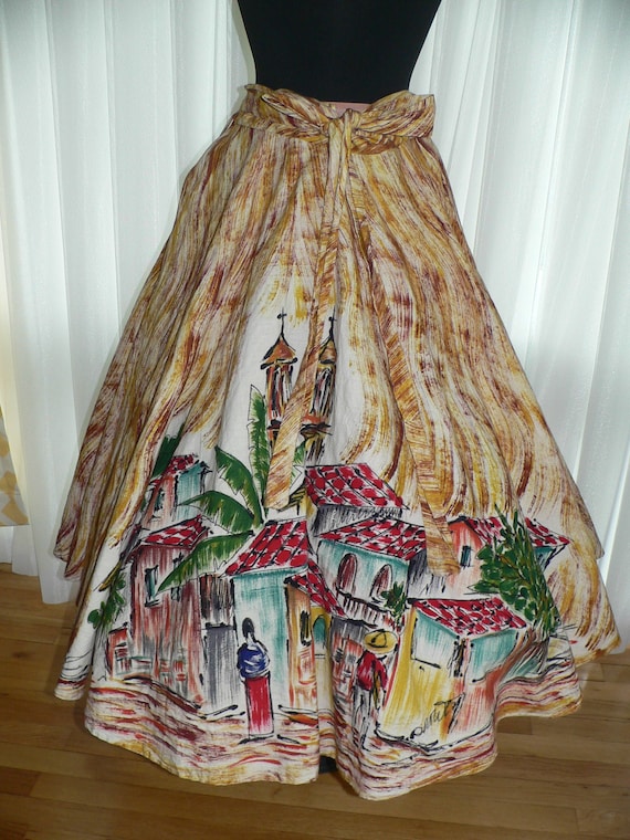 Vintage 1950s Hand Painted Mexican Skirt, Full Cir