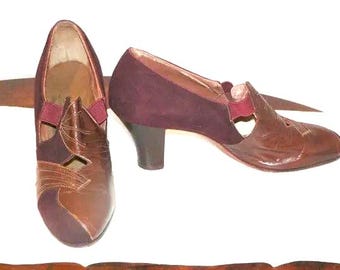 1930&#39;s Brown Leather and Suede Art Deco Shoes , Gimbels, Size 7 AA
