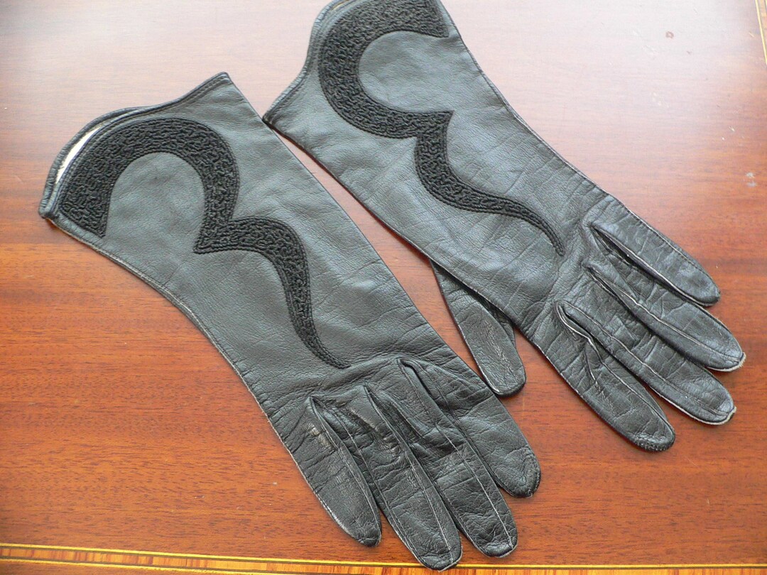 1950s Black Leather Gloves With Embroidery, Almondized ,beautyskin