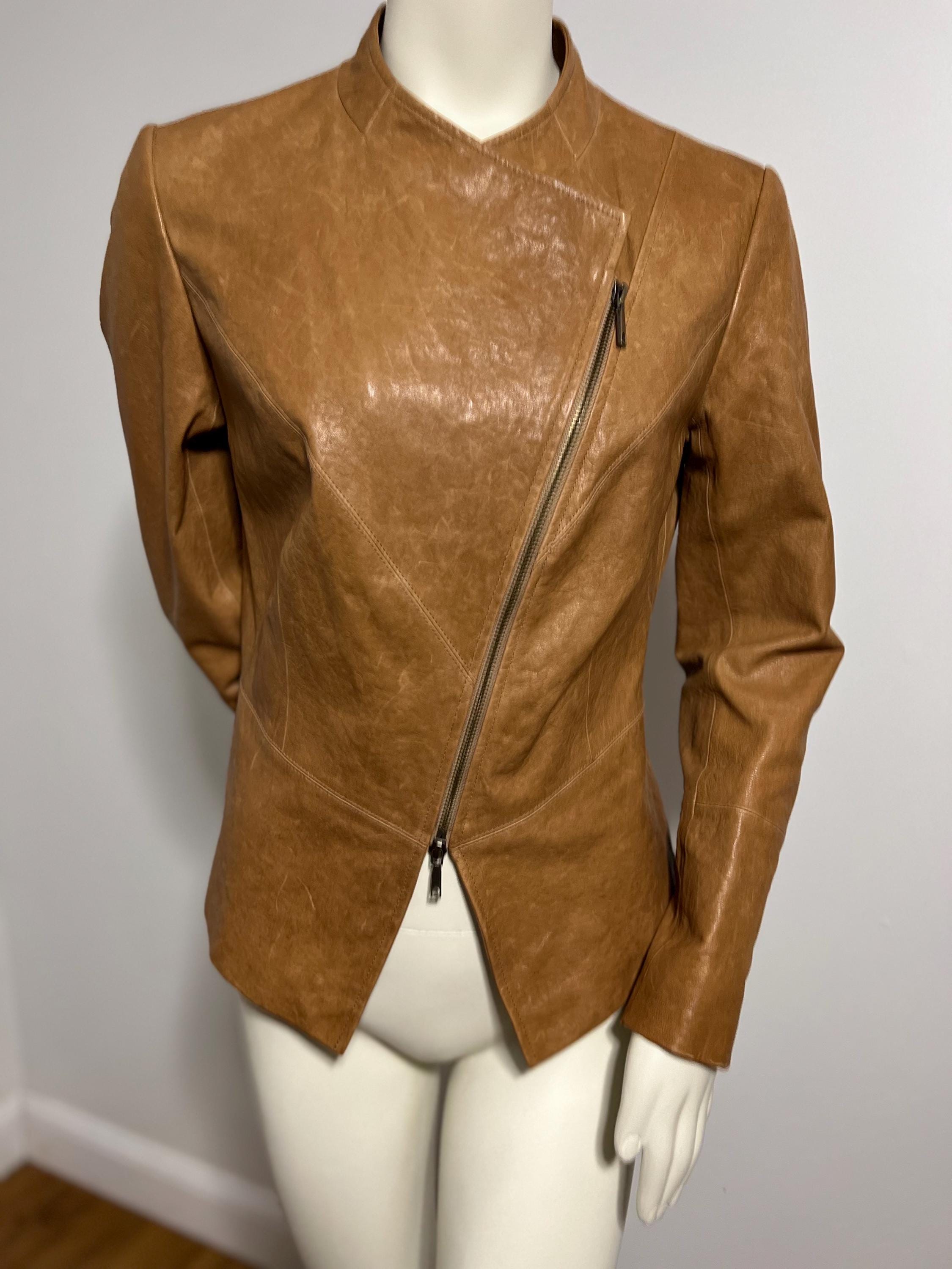 Vintage Lafayette 148 Leather Jacket, Cognac With Asymmetrical
