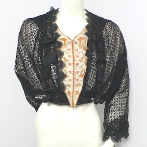 Antique Edwardian Black Lace Cream Silk with Embroidery,  Bodice with Ribbon and Dangle Accents