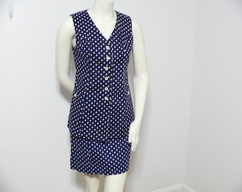 Jupe et gilet 2 pièces bleu marine à pois Junior House des années 1960, taille 9/10. NOS, Ensemble de jupes d'été des années 60