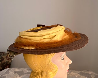 INTRIGUING 1940s\' YELLOW STRAW HAT + UNIQUE CROWN + BROWN BAND & FEATHERS Antique 1890- 1900 main image 2