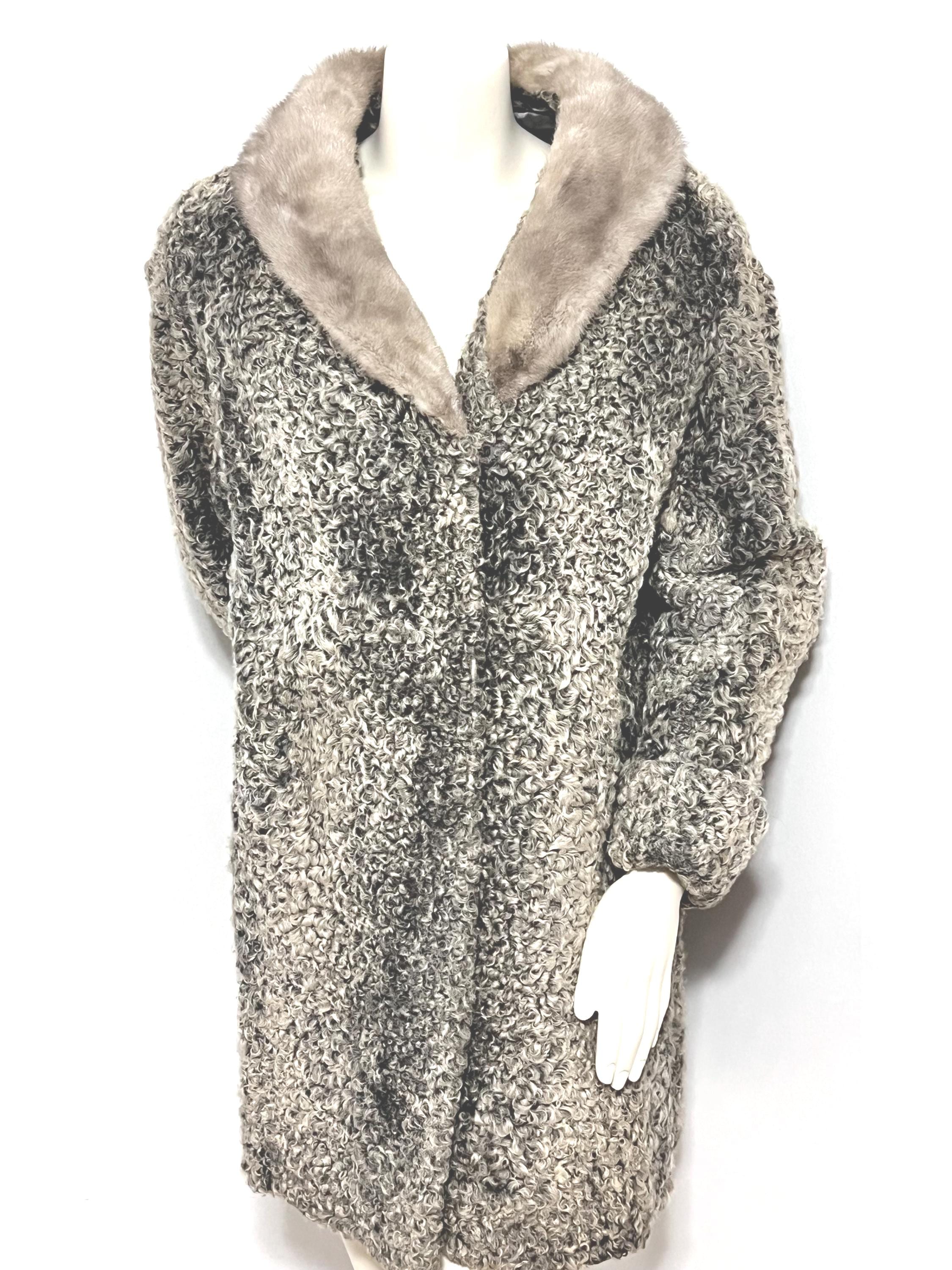 Vintage 50's Silver Gray Curly Persian Lamb Fur Coat With Mink