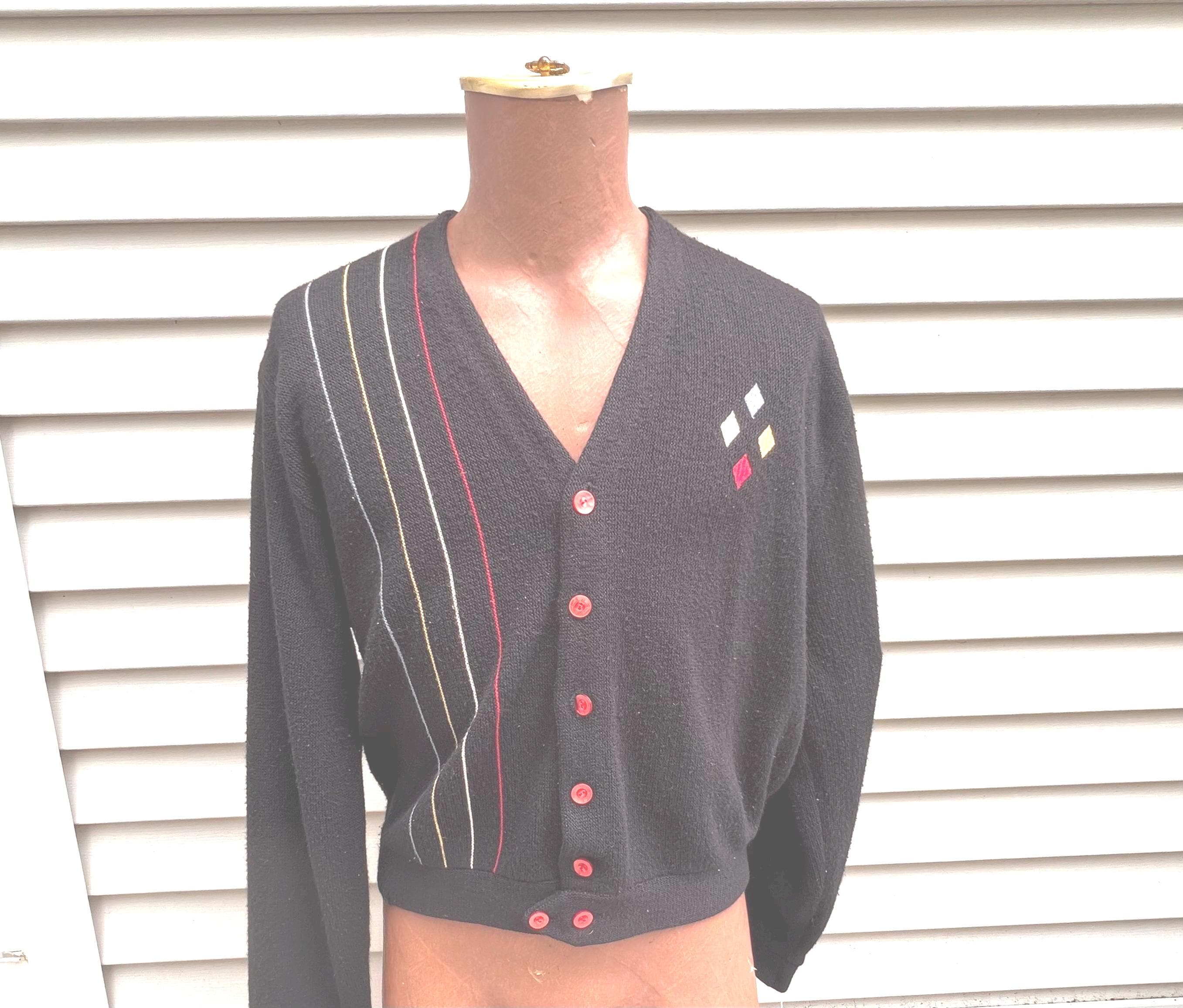 Vintage 1950-60's Men's Black Cardigan With Banded Waist , Atomic