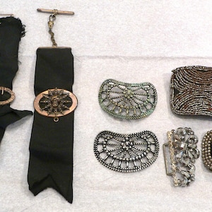 Antique Steel Bead Buckles and 2 Ribbon Medals for Repurpose