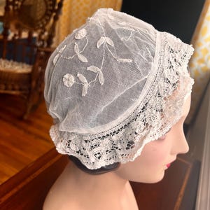 1910-1920 Antique Princess Lace Day Cap, Sleep Bonnet, Boudoir Cap