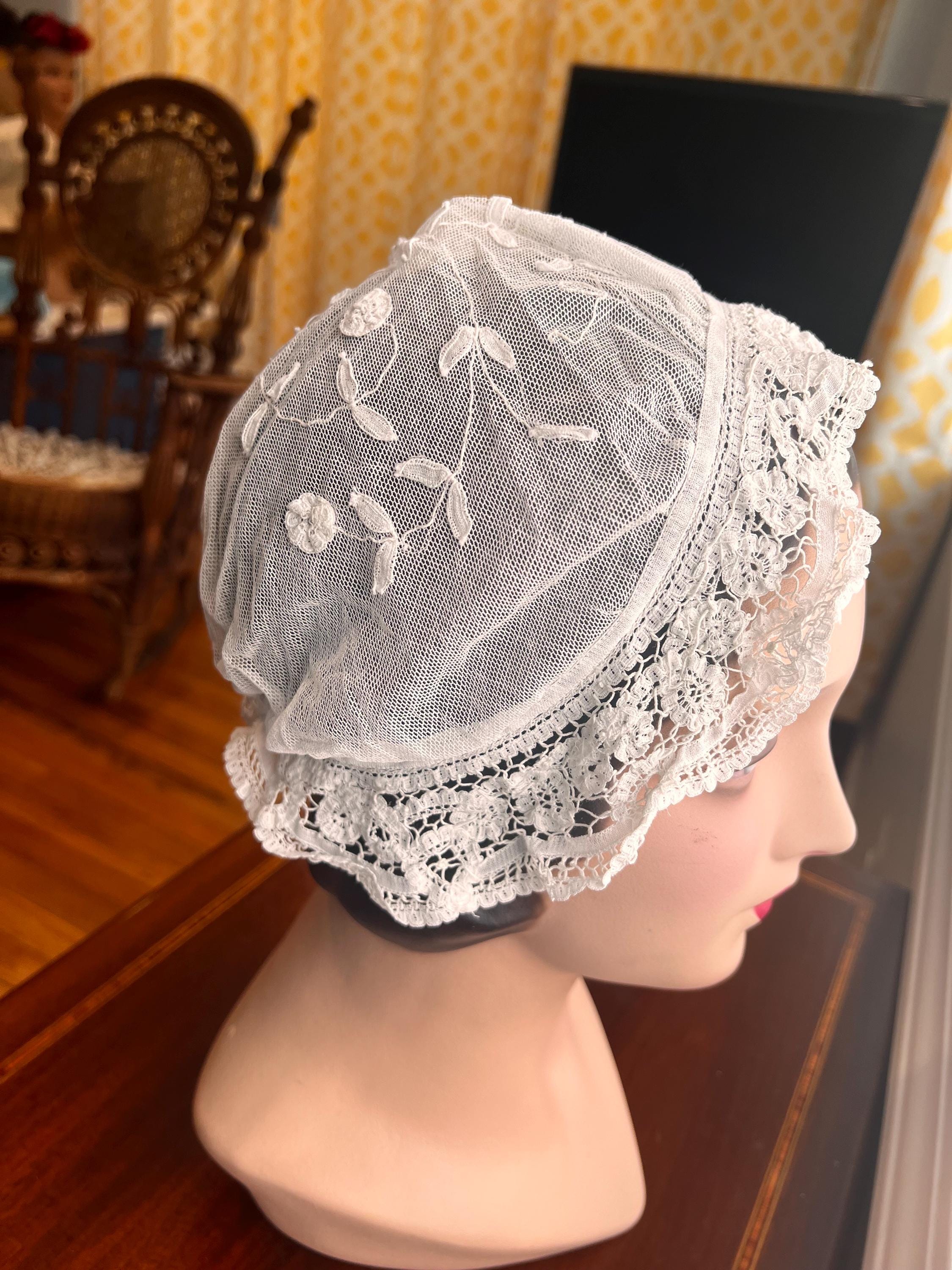 1910-1920 Antique Princess Lace Day Cap, Sleep Bonnet
