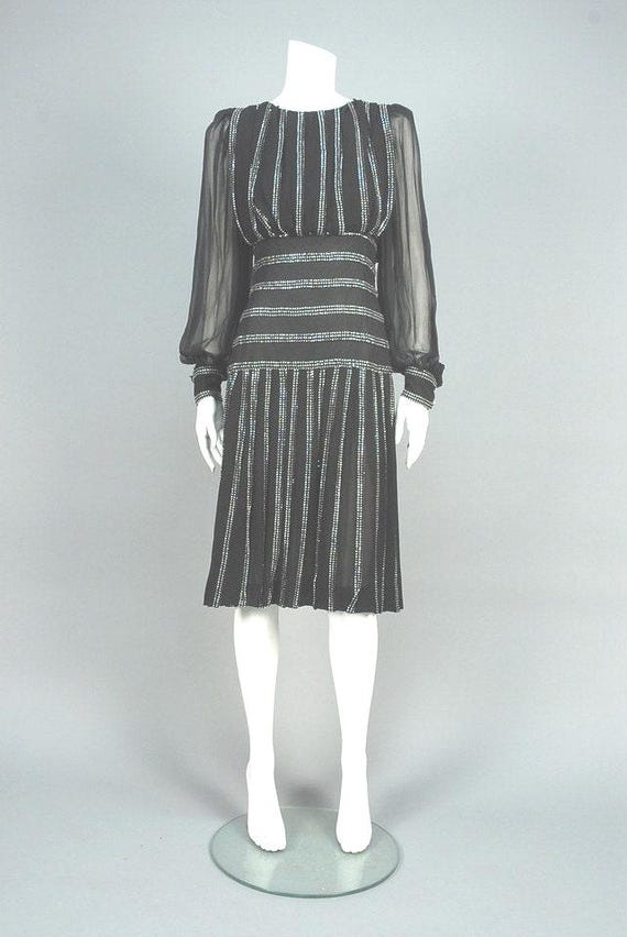 Gorgeous Vintage 1970s -1980's Arnold Scassi Cocktail Dress, Black Chiffon  with Rhinestone Cocktail Dress