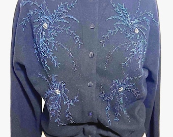 1950’s Beaded Sweater, 50s Lambswool Black Cardigan Sweater with Blue Carnival Beading