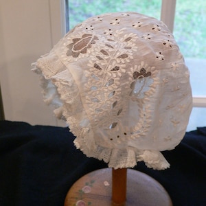 1850s - 1860s Antique Lace Embroidered Baby Bonnet
