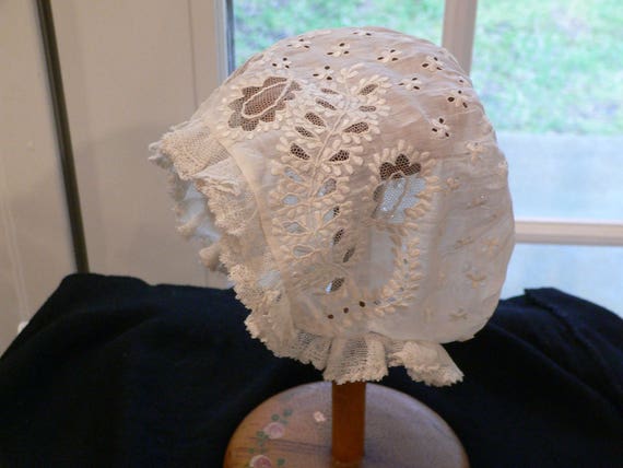 1850s - 1860s Antique Lace Embroidered Baby Bonnet - image 1