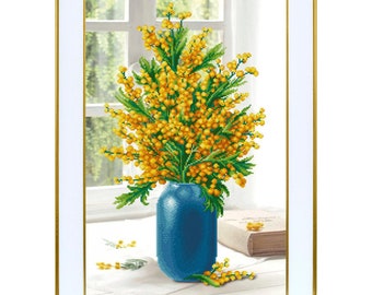 Kit de broderie de perles Fleurs de mimosa Kit de broderie perlée DIY Kit de perles Broderie à la main Points de perles