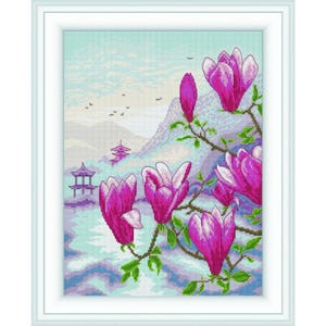 Borduurpakket bloemen magnolia's bij dageraad DIY onbedrukt canvas