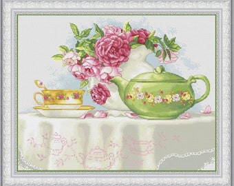 Counted Cross Stitch Kit Tea Still life DIY Unprinted canvas