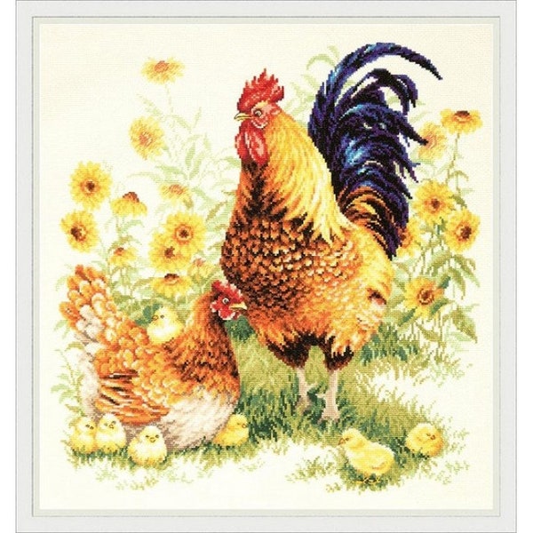 Kit de point de croix compté Coq et un poulet DIY Toile non imprimée