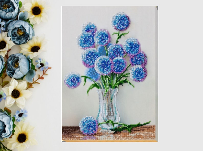 Bead Embroidery Kit Blue Flowers Bead Embroidery Kit Etsy