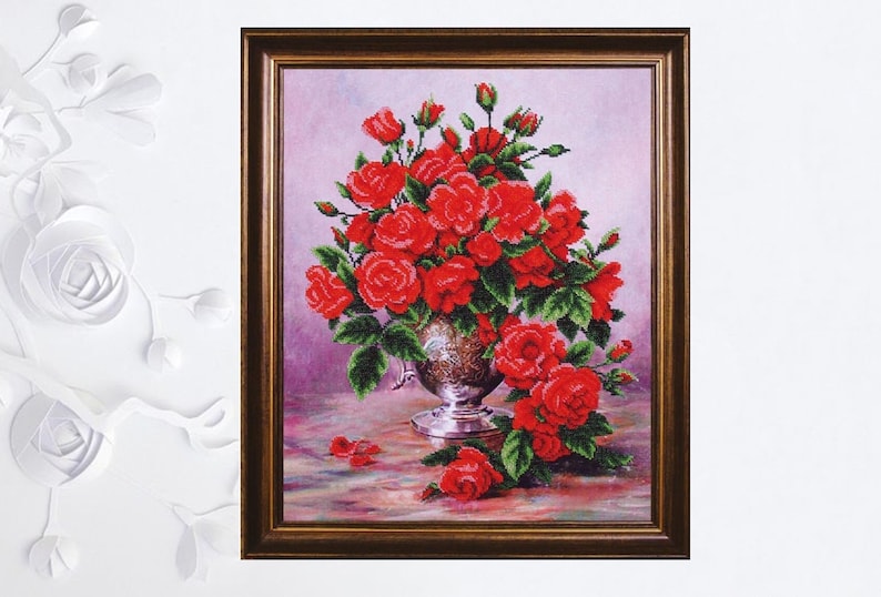 Bead Embroidery kit Flowers Red Roses DIY Beadwork kit Beading kit Hand embroidery Beaded Stitching