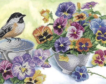 Bead Embroidery Kit Viola Flowers DIY Beadwork kit Beading kit Hand embroidery Beaded Stitching