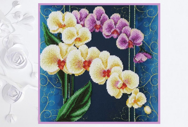 Bead Embroidery Kit Orchids Flowers DIY Beadwork kit Beading kit Hand embroidery Beaded Stitching