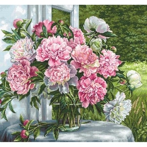 Borduurpakket Pioenrozen Bloemen DIY Luca-S Onbedrukt canvas