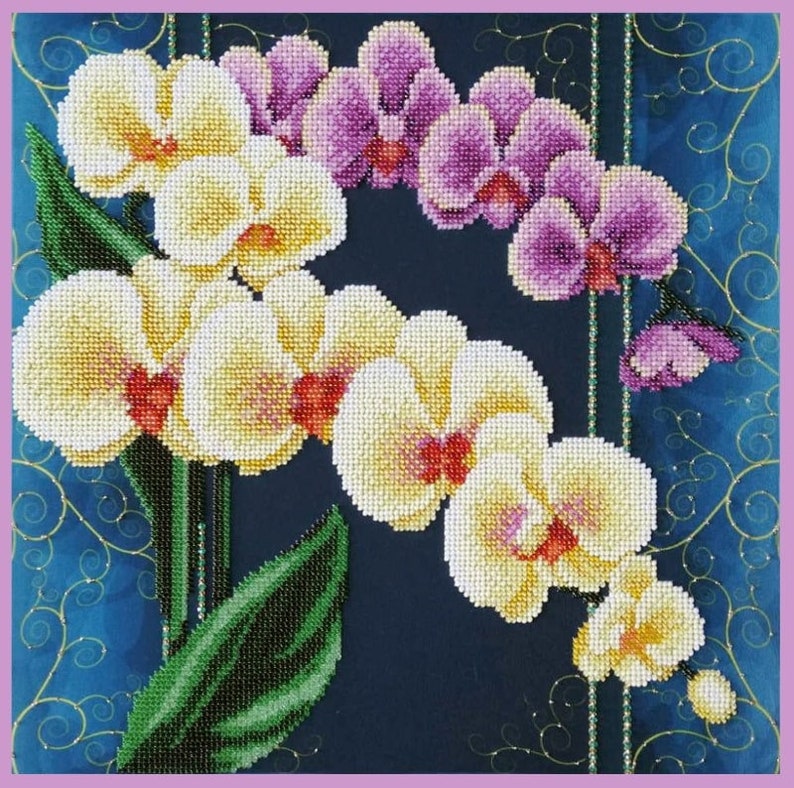 Bead Embroidery Kit Orchids Flowers DIY Beadwork kit Beading kit Hand embroidery Beaded Stitching