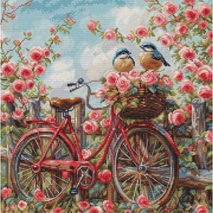Borduurpakket Fiets met rozen Bloemen DIY Luca-s Onbedrukt canvas