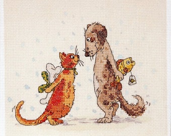 Counted Cross Stitch Kit Cat with dog DIY Unprinted canvas