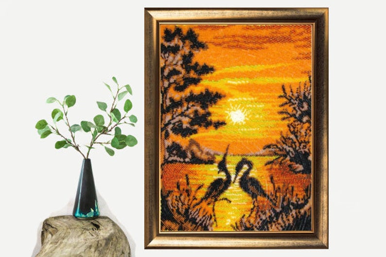 Bead Embroidery kit Storks Dance at sunset DIY Beadwork kit Beading kit Hand embroidery Beaded Stitching