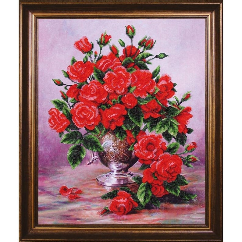 Bead Embroidery kit Flowers Red Roses DIY Beadwork kit Beading kit Hand embroidery Beaded Stitching