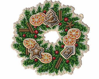 Bead Embroidery Kit on Wood Christmas Wreath DIY Beadwork Beading kit Bead needlepoint Bead Stitching