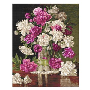 Borduurpakket Rode en witte pioenrozen Bloemen DIY Luca-S Onbedrukt canvas