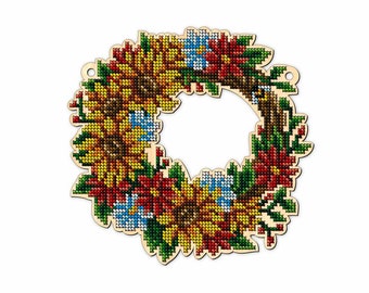 Bead Embroidery Kit on Wood Wreath with flowers DIY Beadwork Beading kit Bead needlepoint Bead Stitching