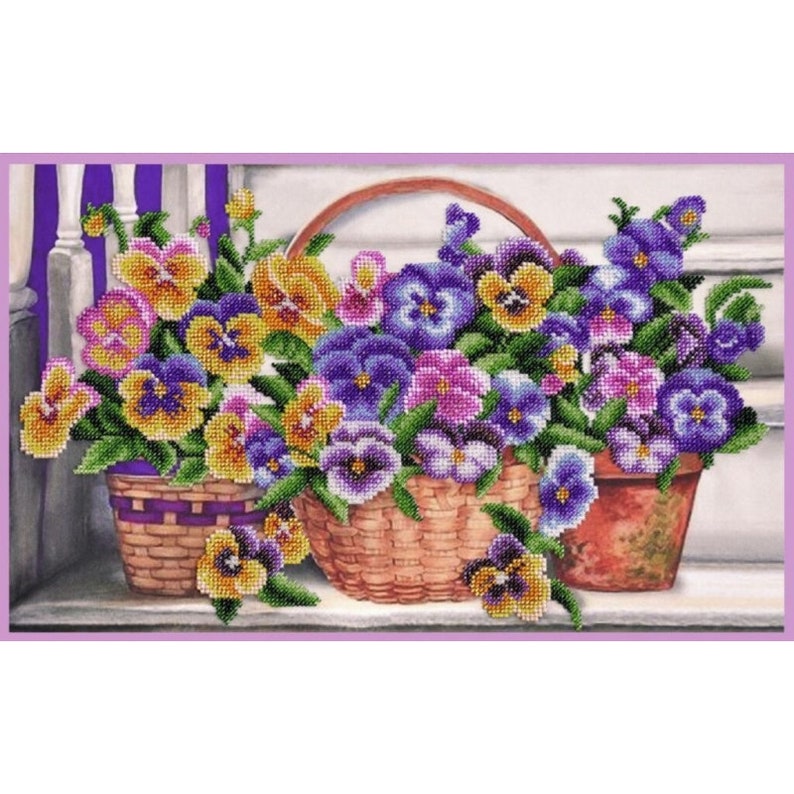 Bead Embroidery Kit Pansies Flowers DIY Beadwork kit Beading Etsy