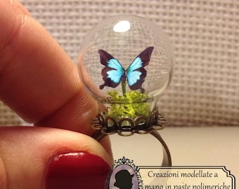 Ring with Paper Butterfly in a Glass Bubble, Nature Inspired, Handmade, Black/Light Blue | Gift ideas for her