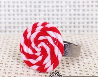 50's Peppermint Lollipop Candy Ring, Christmas, White and Red, Adjustable, Hand-modeled | Gift Ideas for Her