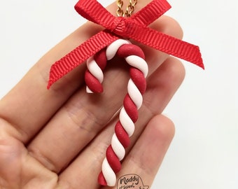 Necklace Candy Cane Pendant, Handmade, Red/white, Christmas style, Gold chain, Fimo/Polymer clay | Gift idea for her