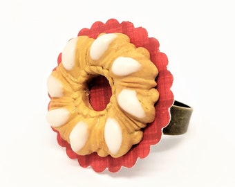 Sweet Ring with Hand-Modeled, Italian Biscuit "Bucaneve" and Sugar Glaze on Red Base, Adjustable, Nickel Free | Gift Ideas for Her